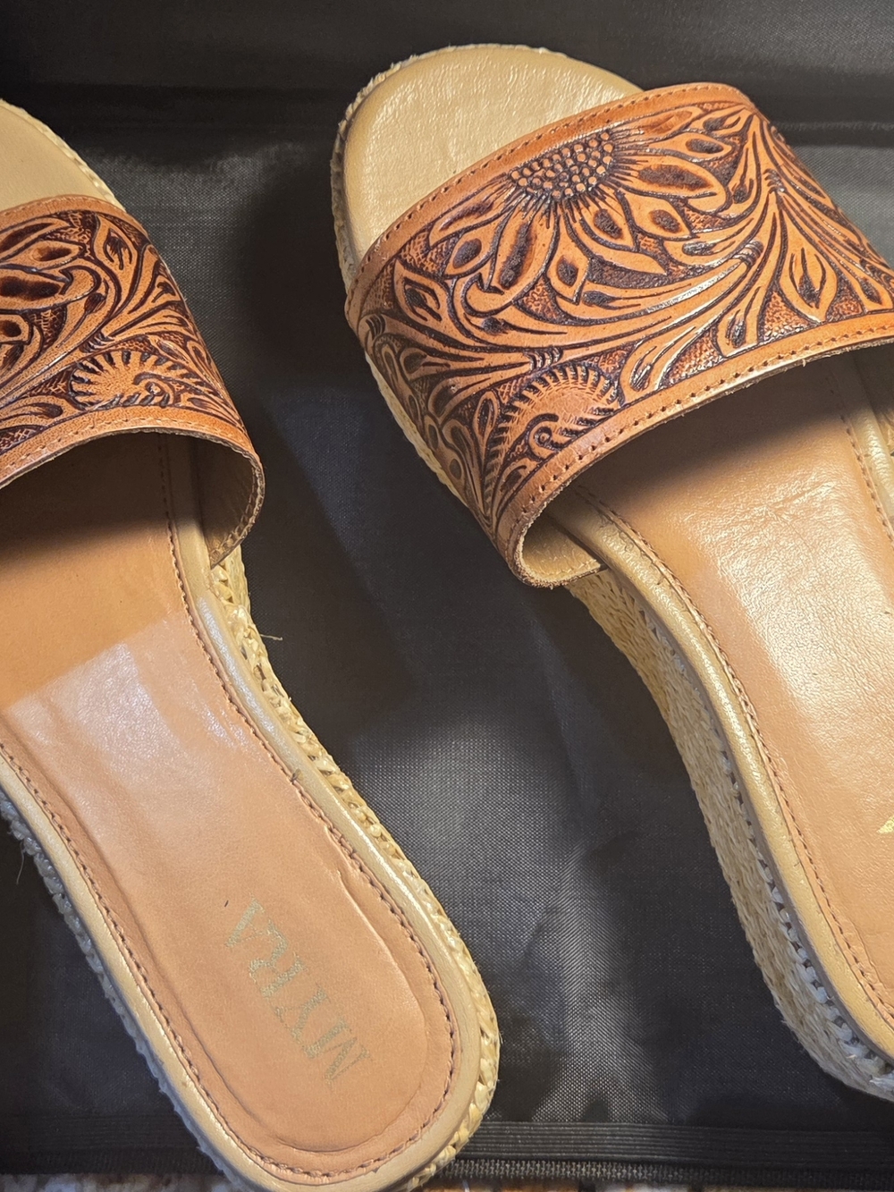 Myra Bag Brown Tooled Floral Leather Platform Slides - Picture 2 of 5
